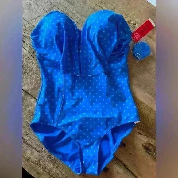 ☀️👙Spanx Bandeau Push Up One Piece Swimsuit ~ Polka ~ 14~NWT!~Removable Straps - Picture 5 of 10